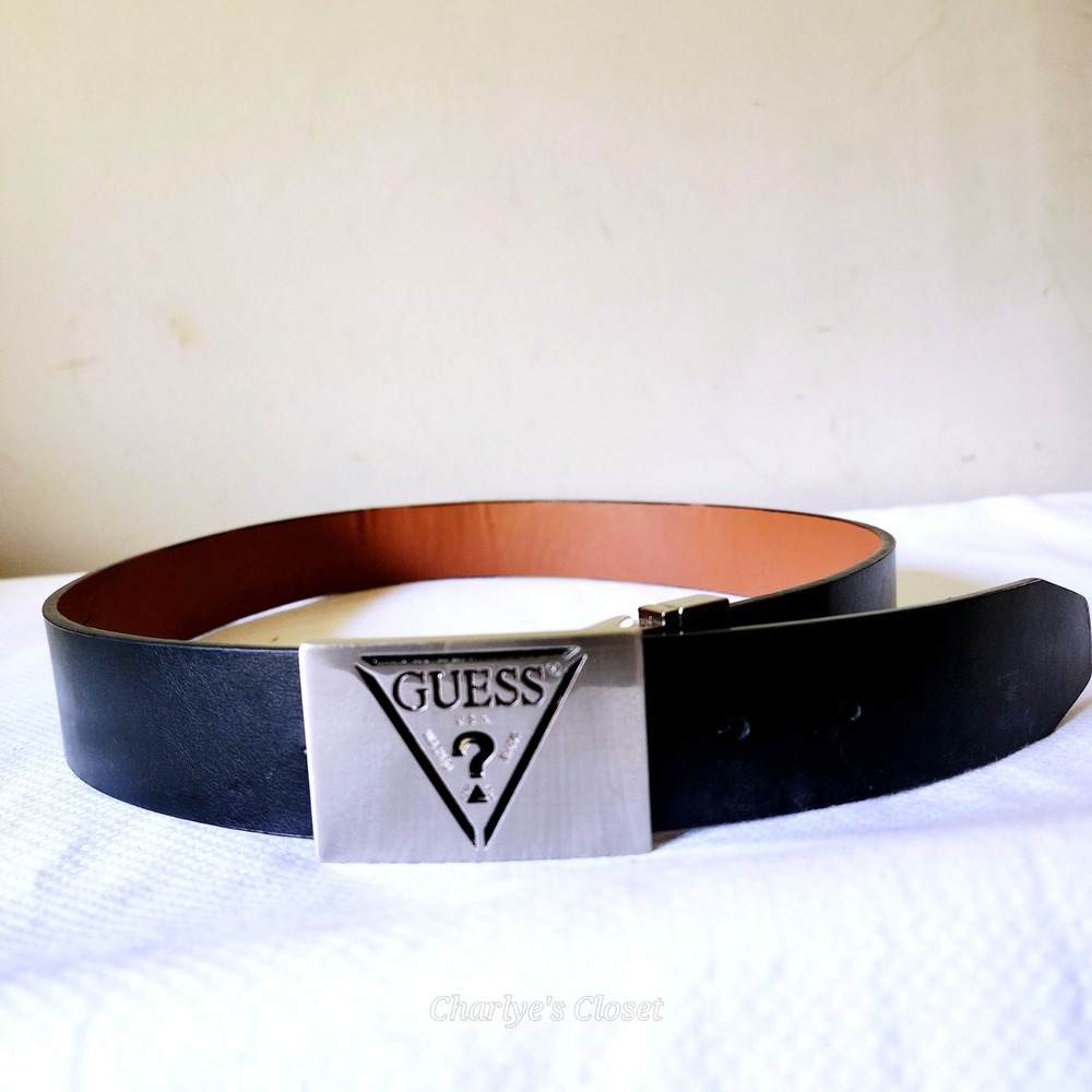 GUESS Mens Leather Belt 32 Black Silver Triangle Logo Buckle 36 Y2K Retro Riz